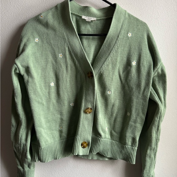 LOFT Sweaters - Pastel Green Cardigan with Embroidered Daisies